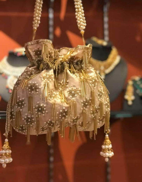 Embroidered Sequins Zari Work Potli Bag in Gold - Shoes & Cluthes - FashionVibes