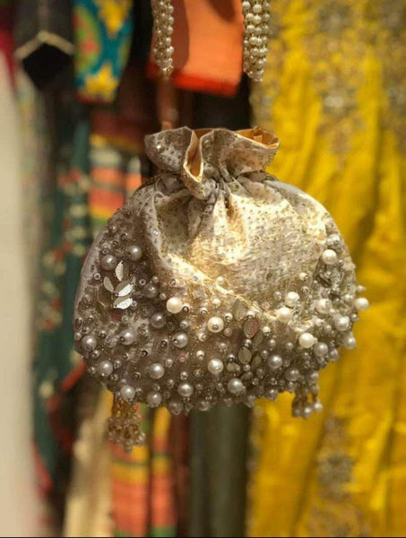 Embroidered Sequins Zari Work Potli Bag in Linen - Shoes & Cluthes - FashionVibes