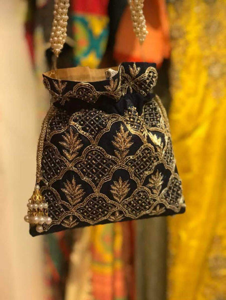 Embroidered Sequins Zari Work Potli Bag in Navy - Shoes & Cluthes - FashionVibes
