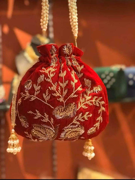 Embroidered Sequins Zari Work Potli Bag in Red - Shoes & Cluthes - FashionVibes