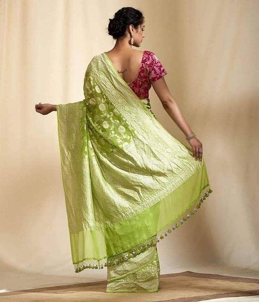 Exclusive Banarasi Khaddi Chiffon Georgette Silk Saree in PaleGreen - Saree - FashionVibes