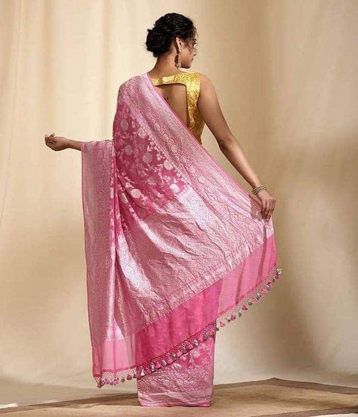 Exclusive Banarasi Khaddi Chiffon Georgette Silk Saree in Pink - Saree - FashionVibes