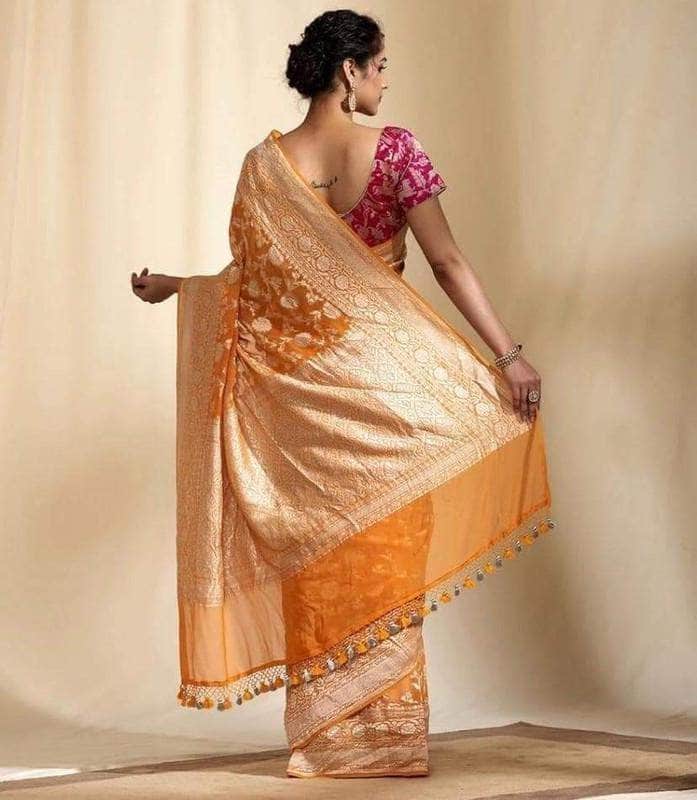 Exclusive Banarasi Khaddi Chiffon Georgette Silk Saree in Yellow - Saree - FashionVibes