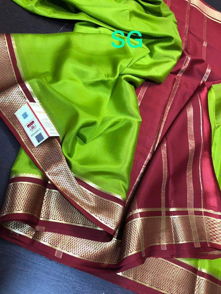 Exclusive Border Pure South Silk Saree in Green and Red - Saree - FashionVibes