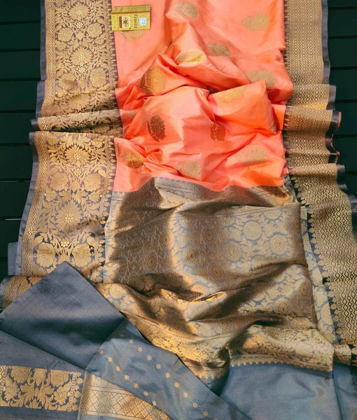 Exclusive Gold Zari Banarasi Silk Saree in Coral - Saree - FashionVibes