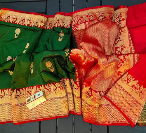 Exclusive Gold Zari Banarasi Silk Saree in Green - Saree - FashionVibes