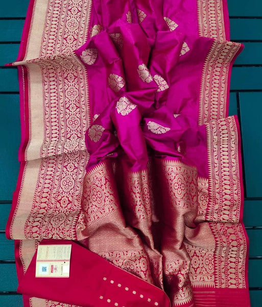 Exclusive Gold Zari Banarasi Silk Saree in Magenta - Saree - FashionVibes
