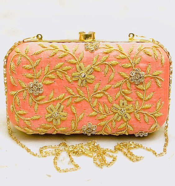 Exclusive Hand Embroidered with Zardozi Work Clutches in Coral - Shoes & Cluthes - FashionVibes