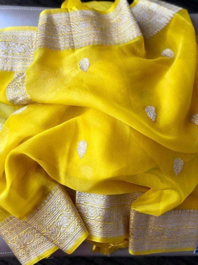 Exclusive Handloom Banarasi Chiffon Khaddi Kariyal Saree in Yellow - Saree - FashionVibes