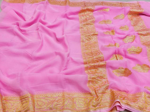 Exclusive Handloom Banarasi Chiffon Saree in Peach in Pink - Saree - FashionVibes