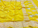 Exclusive Handloom Banarasi Chiffon Saree in Peach in Yellow - Saree - FashionVibes