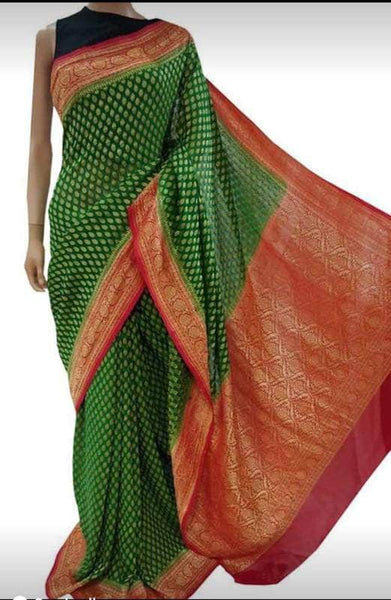 Exclusive Pure Banarasi Shiffon Khaddi Saree in Green - Saree - FashionVibes