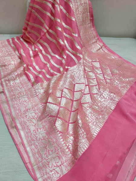 Exclusive Pure Handloom Banarasi Khaddi Chiffon Georgette Silk Saree in Fuchsia - Saree - FashionVibes
