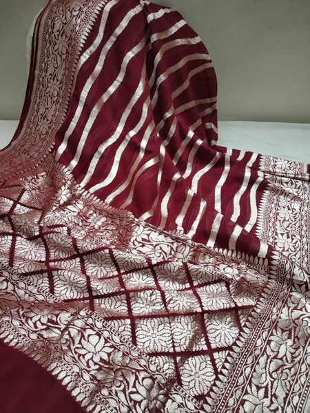 Exclusive Pure Handloom Banarasi Khaddi Chiffon Georgette Silk Saree in Maroon - Saree - FashionVibes