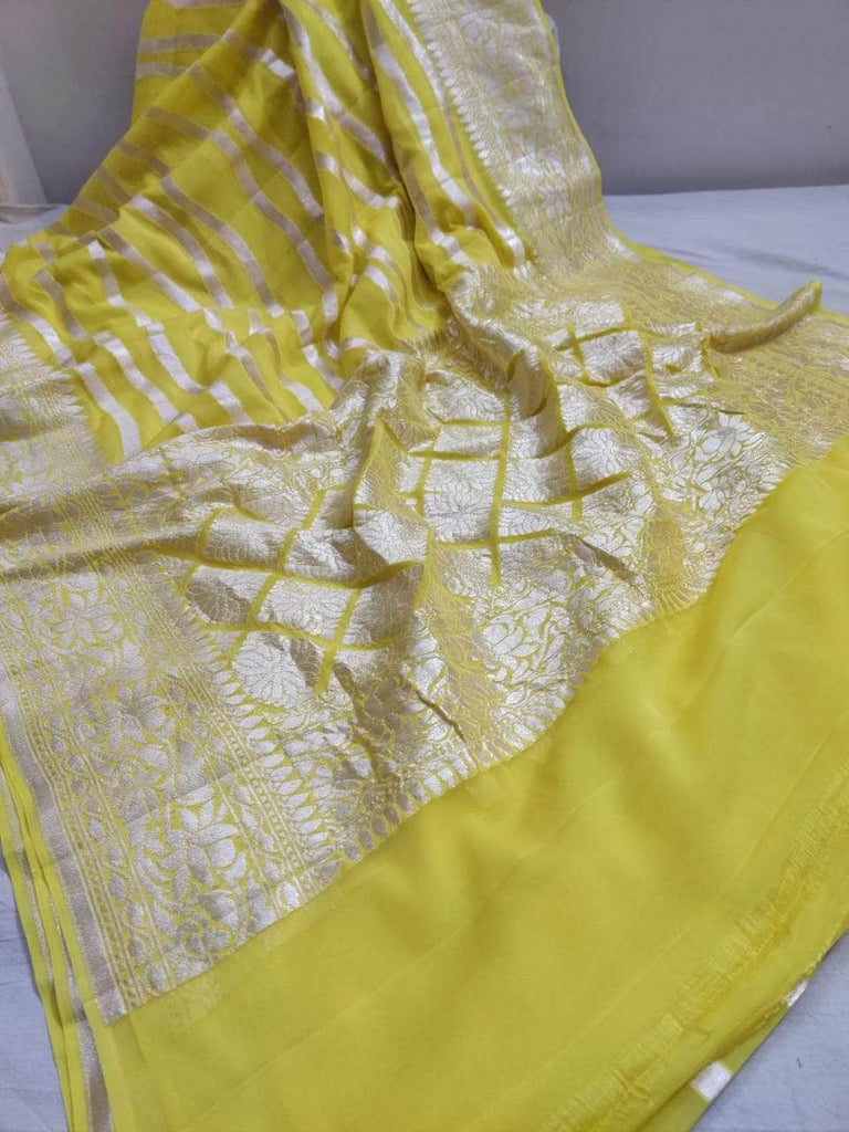 Exclusive Pure Handloom Banarasi Khaddi Chiffon Georgette Silk Saree in Yellow - Saree - FashionVibes