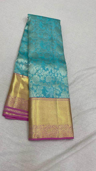 Fabulous Kanjivaram Silk Saree in SkyBlue - Saree - FashionVibes