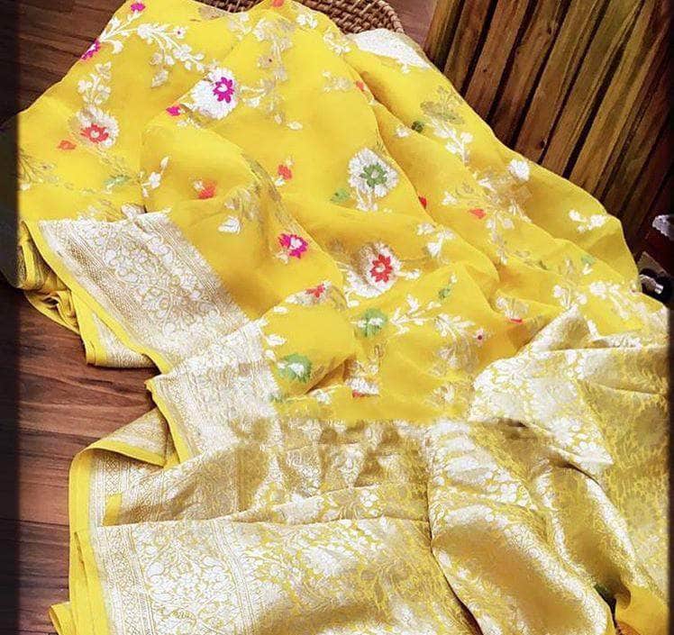 Festive Season Chiffon Georgette Silk Saree in Yellow - Saree - FashionVibes
