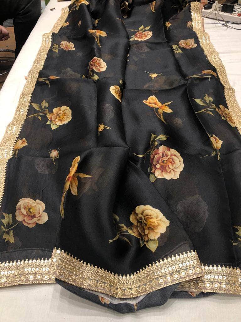 Floral printed Anushka Sharma Georgette Saree with embellished  Sequins Lace Border in Black - Saree - FashionVibes