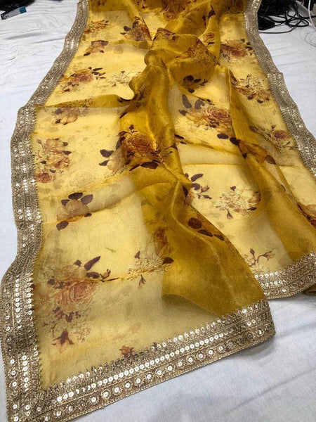 Floral printed Anushka Sharma Georgette Saree with embellished  Sequins Lace Border in Yellow - Saree - FashionVibes