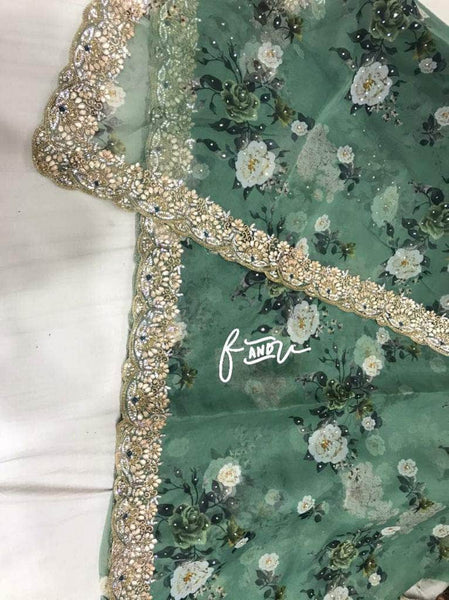 Floral printed Georgette Saree with Sequins Lace Border in Green - Saree - FashionVibes