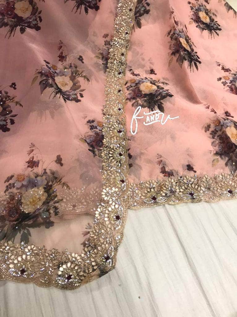 Floral printed Georgette Saree with Sequins Lace Border in Peach - Saree - FashionVibes