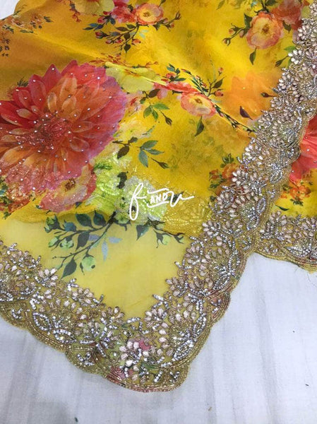 Floral printed Georgette Saree in Yellow - Saree - FashionVibes