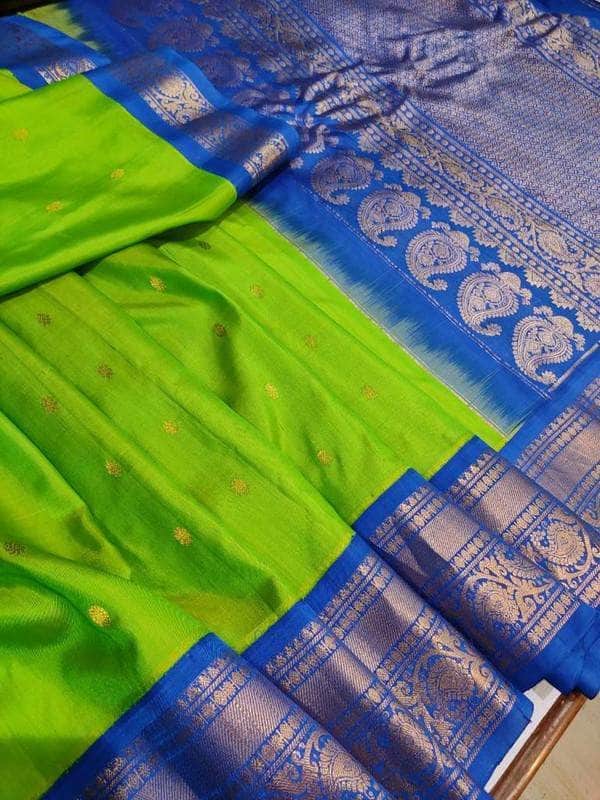Gadwal Pure Silk Saree in LimeGreen - Saree - FashionVibes