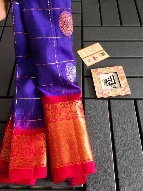 Gadwal Silk Saree in Blue and Red - Saree - FashionVibes