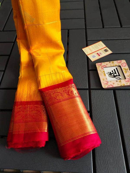 Gadwal Silk Saree in Yellow and Red - Saree - FashionVibes