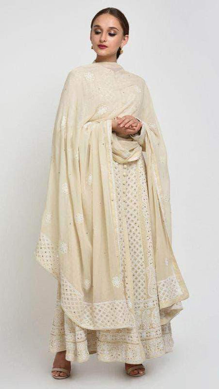 Pure Georgette Handwork Chikankari Antique White Anarkali Suit
