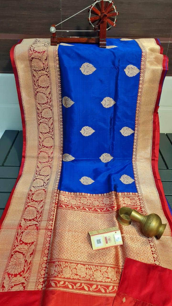 Gold Zari Banarasi Silk Saree with heavy pallu in Deep Blue - Saree - FashionVibes