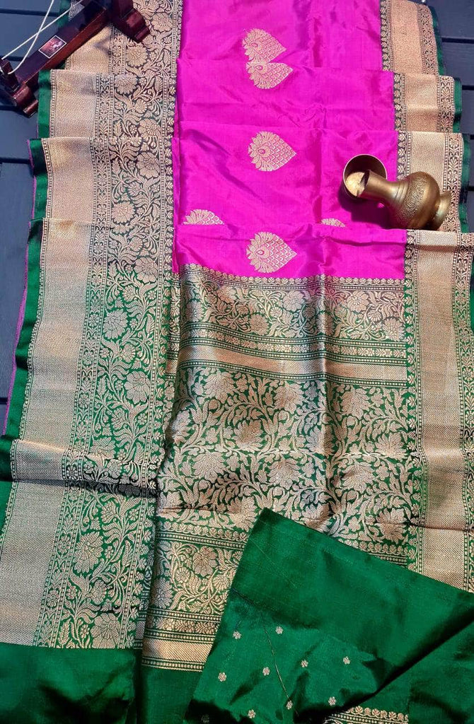 Gold Zari Banarasi Silk Saree with heavy pallu in Magenta - Saree - FashionVibes
