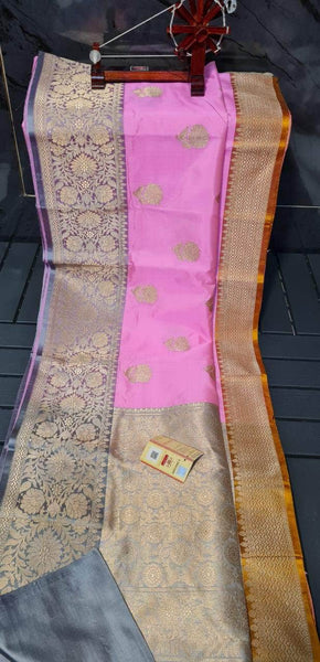 Gold Zari Banarasi Silk Saree with heavy pallu in Pink - Saree - FashionVibes