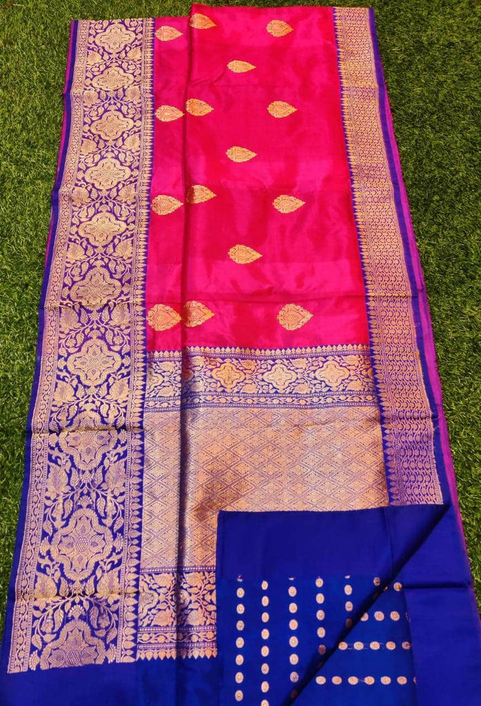 Gold Zari Banarasi Silk Saree with heavy pallu in Purple - Saree - FashionVibes