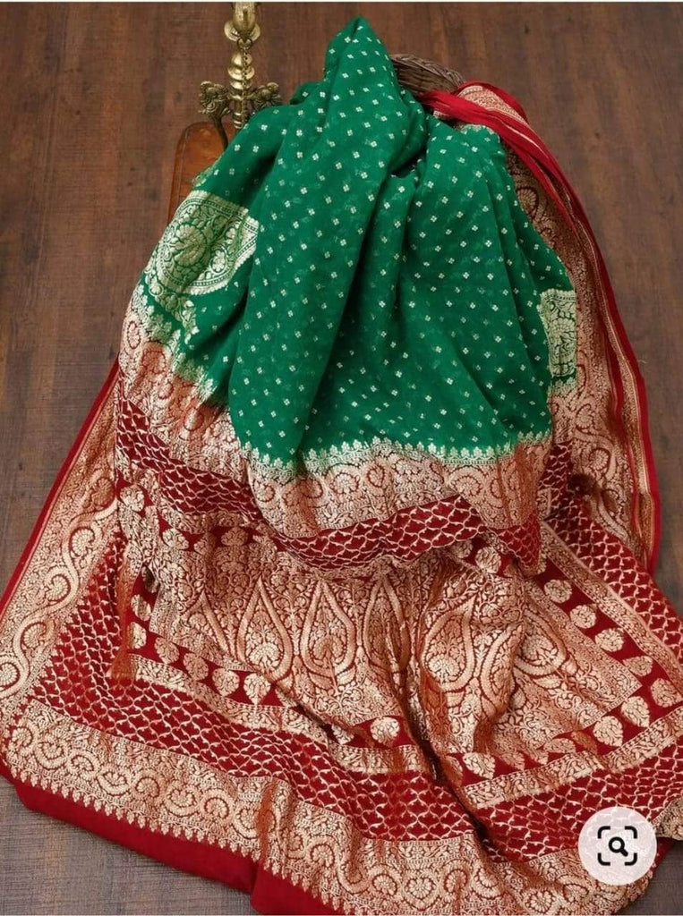 Handloom Banarasi Chiffon Khaddi Georgette Silk Saree in Green - Saree - FashionVibes