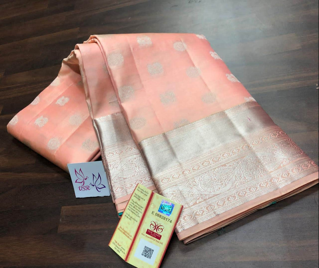 Kancheepuram Silk Handloom  Saree in Peach - Saree - FashionVibes