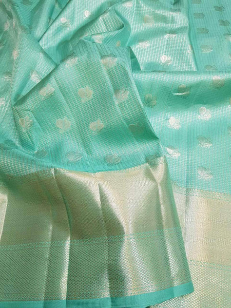 Kanjivaram Silk Saree in Aqua - Saree - FashionVibes