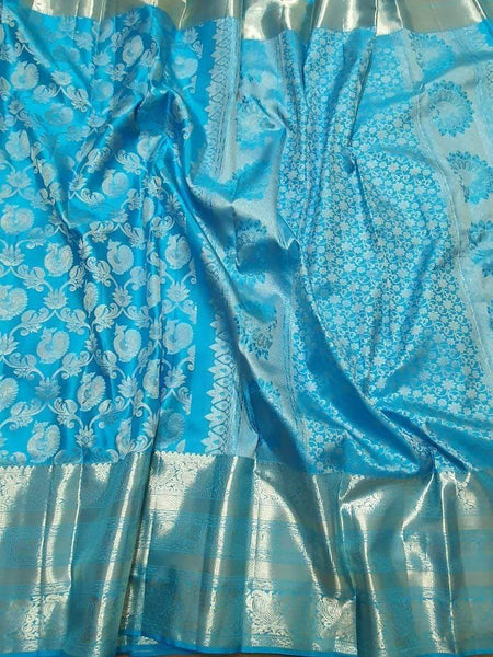 Kanjivaram Silk Saree in CornflowerBlue - Saree - FashionVibes