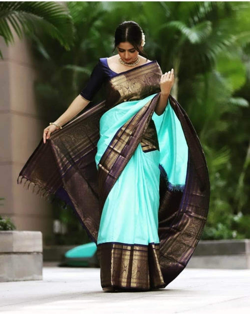 Kanjivaram Silk Saree in Cyan - Saree - FashionVibes