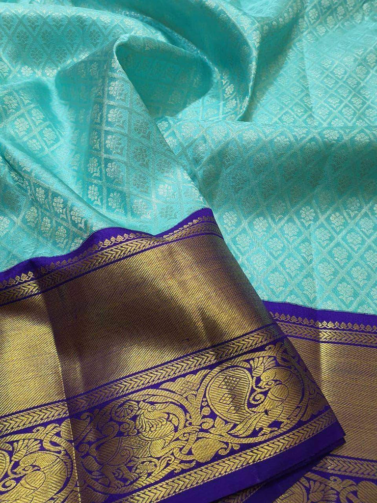 Kanjivaram Silk Saree in MediumAquaMarine - Saree - FashionVibes