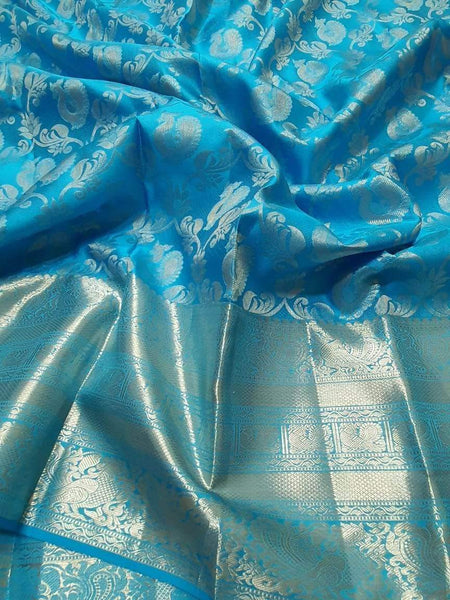 Kanjivaram Silk Saree in SteelBlue - Saree - FashionVibes