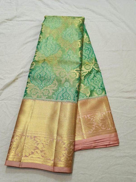 Kanjivaram Silk Saree with Broad Border in LightGreen - Saree - FashionVibes