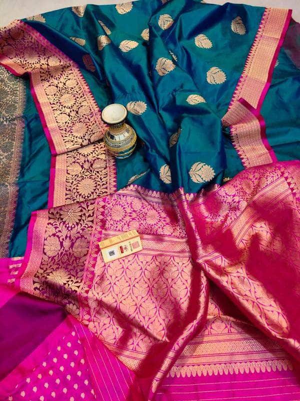 Katan Silk Saree in Blue and Pink - Saree - FashionVibes