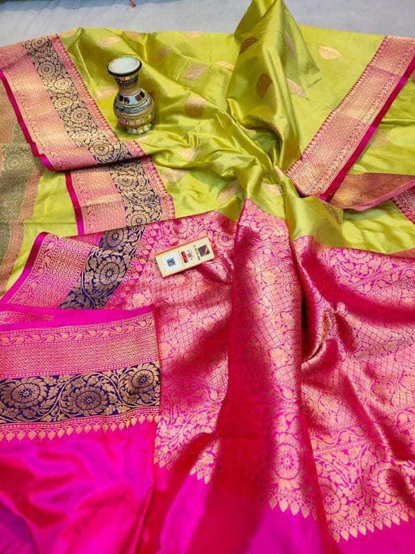 Katan Silk Saree in LimeGreen - Saree - FashionVibes