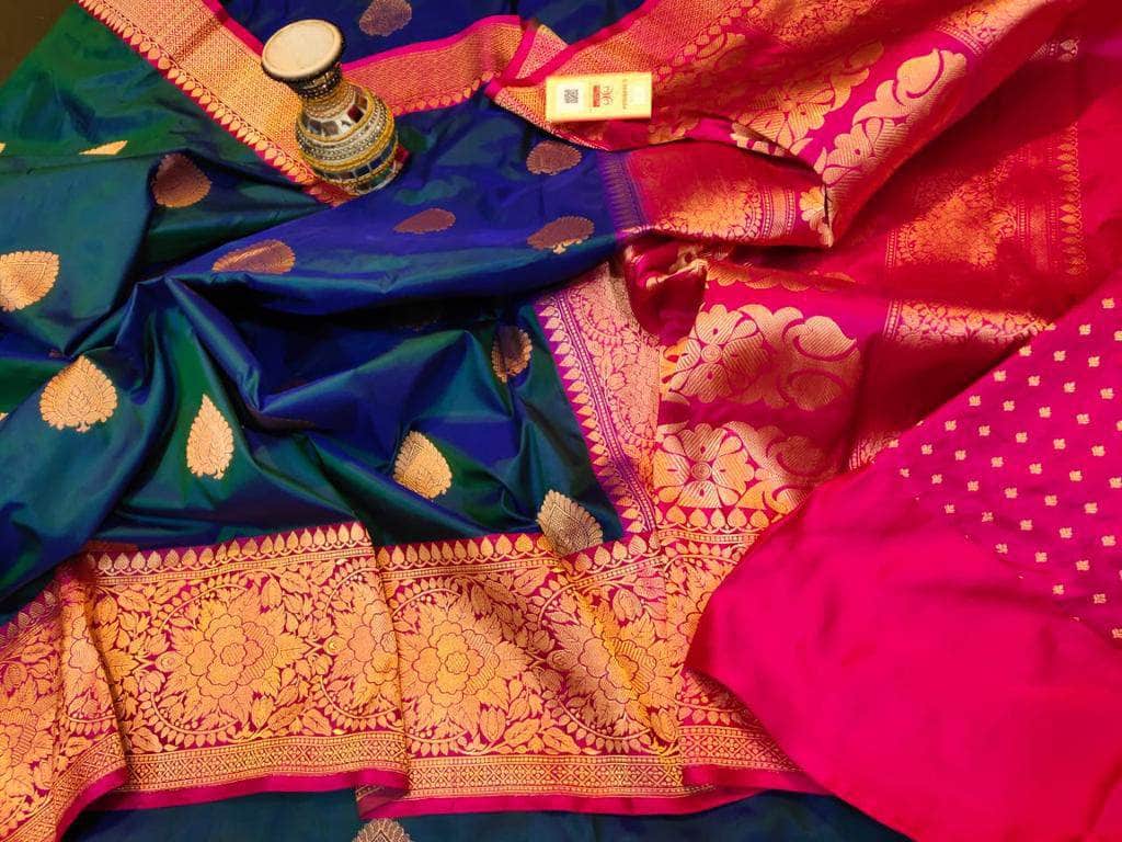 Katan Silk Saree in Red and Blue - Saree - FashionVibes
