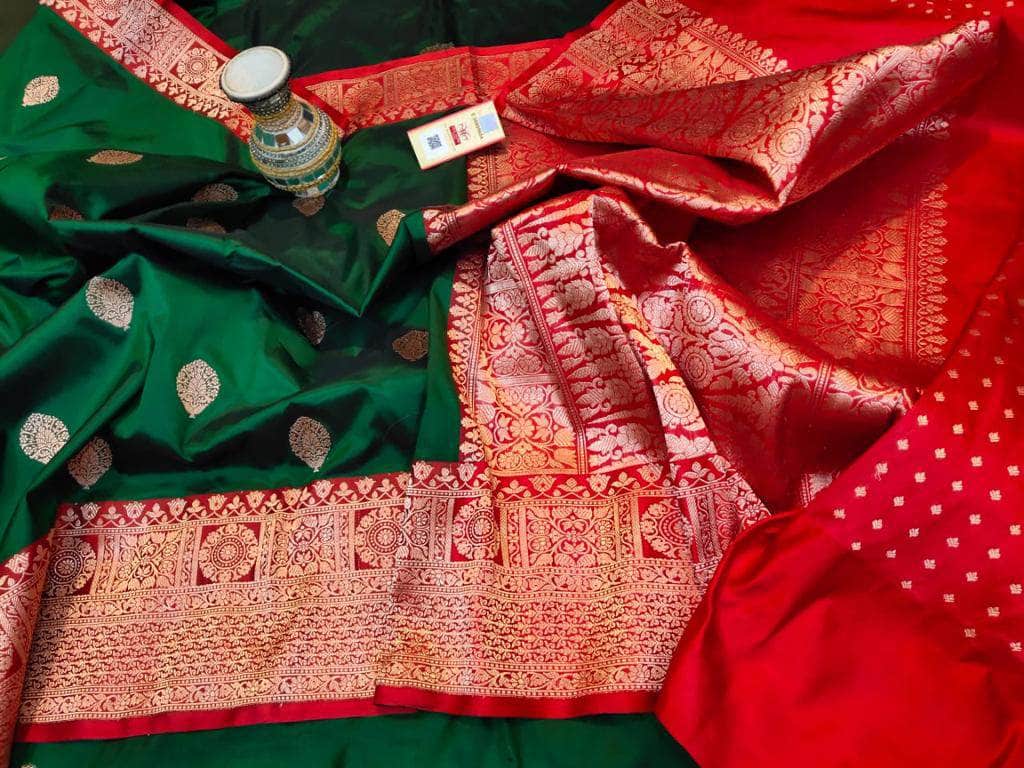 Katan Silk Saree in Red and Green - Saree - FashionVibes