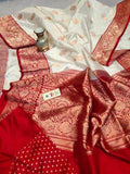 Katan Silk Saree in White and Red - Saree - FashionVibes