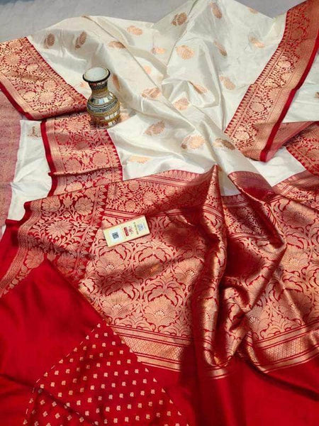 Katan Silk Saree in White and Red - Saree - FashionVibes