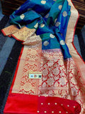 Katan Silk Saree with Antique Zari Work in Blue and Red - Saree - FashionVibes