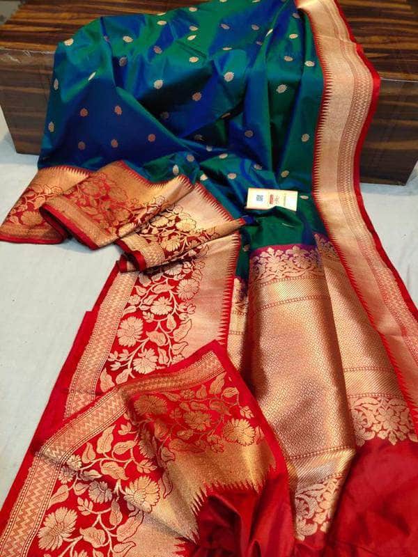 Katan Silk Saree with Antique Zari Work in Green and Red - Saree - FashionVibes